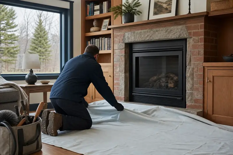 A technician laying drop cloths before servicing a direct-vent gas fireplace, the fireplace cold; illustrative image