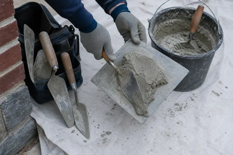 A mortar hawk, trowels and a bucket of mixed mortar set on a roof work platform; illustrative image