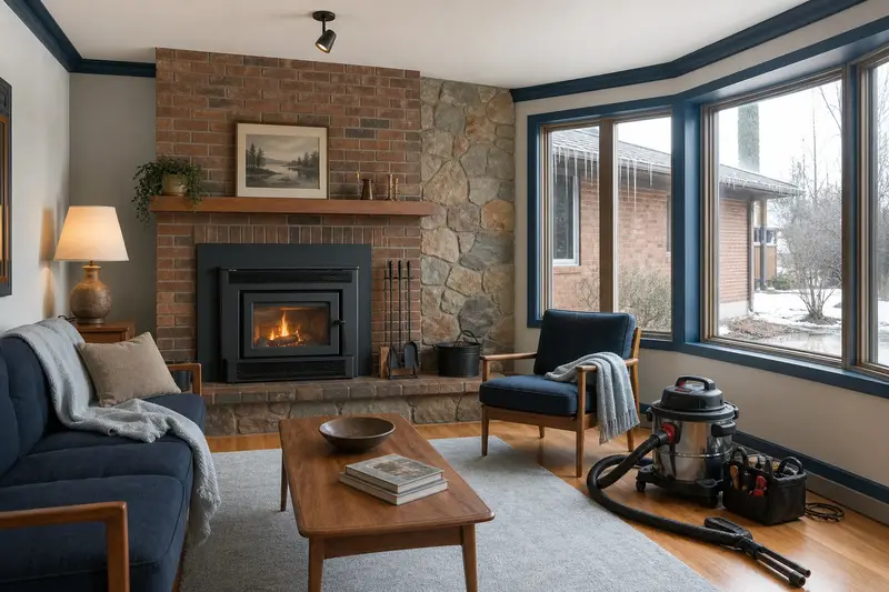 A warm hearth room with a wood-burning insert in a brick opening while snow melts outside the window; illustrative image