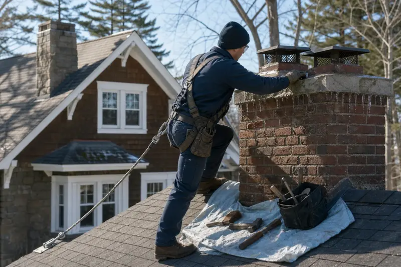A harnessed mason examining the crown of a tall brick chimney on a steep gable roof after a thaw from a dry roof; illustrative image