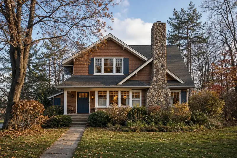 A 1950s Craftsman house with a stone masonry chimney rising above a steep roof; illustrative image