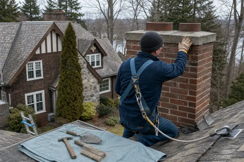 A harnessed mason examining the upper courses of a red brick chimney with a concrete crown with a gloved hand; illustrative image