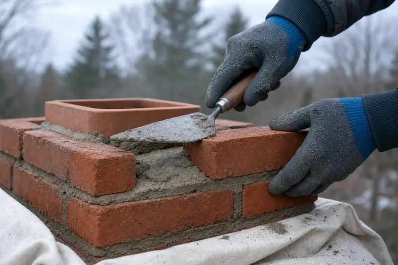 Newly laid brick courses and fresh mortar at a chimney top, seen up close; illustrative image