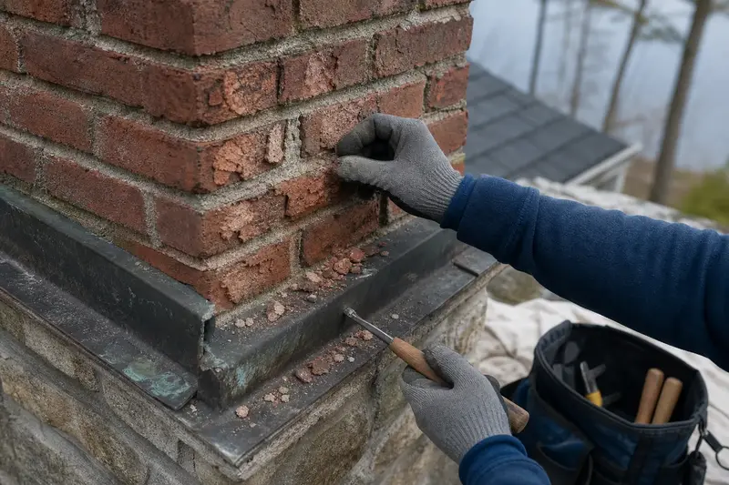 Spalled brick faces on a chimney with flakes resting on the flashing, seen up close; illustrative image
