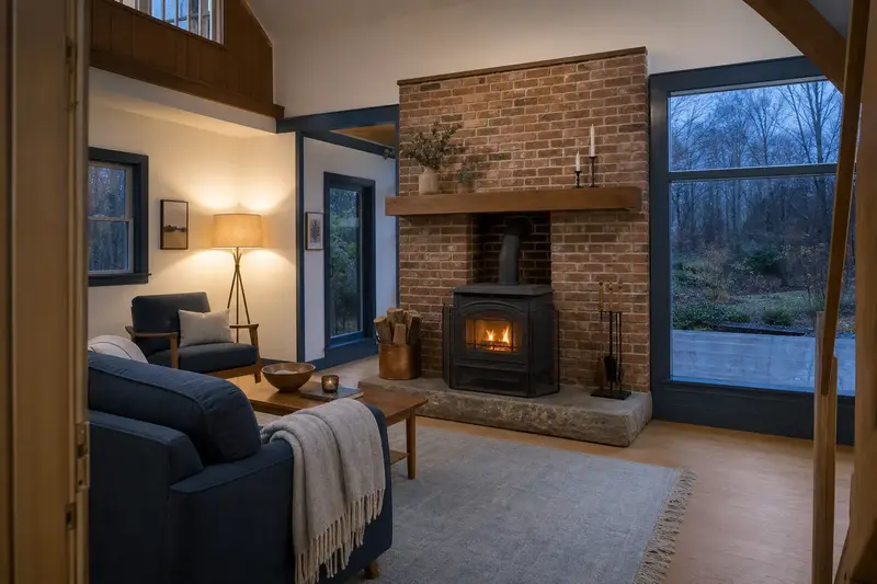A living room with a cast-iron wood stove on a stone hearth pad and a small fire behind a screen, no one present; illustrative image
