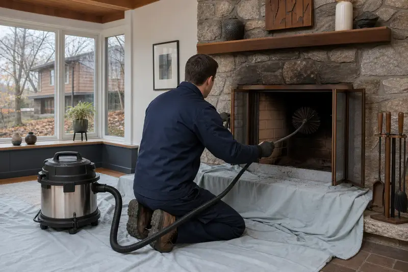 A technician feeding a rotary chimney brush up the flue of a factory-built wood-burning fireplace with a stone facing, drop cloths and a sealed vacuum on the hearth; illustrative image