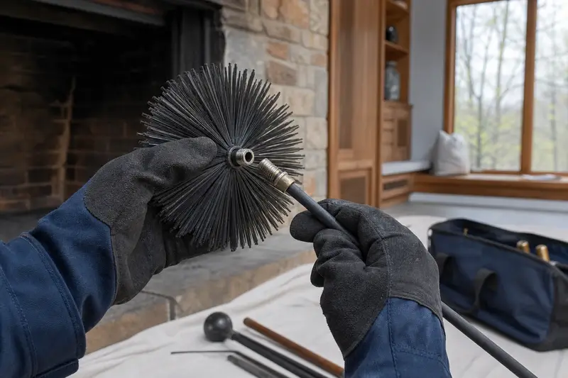 Gloved hands fitting a round wire brush onto a flexible rod at the hearth of an open masonry wood-burning fireplace; illustrative image
