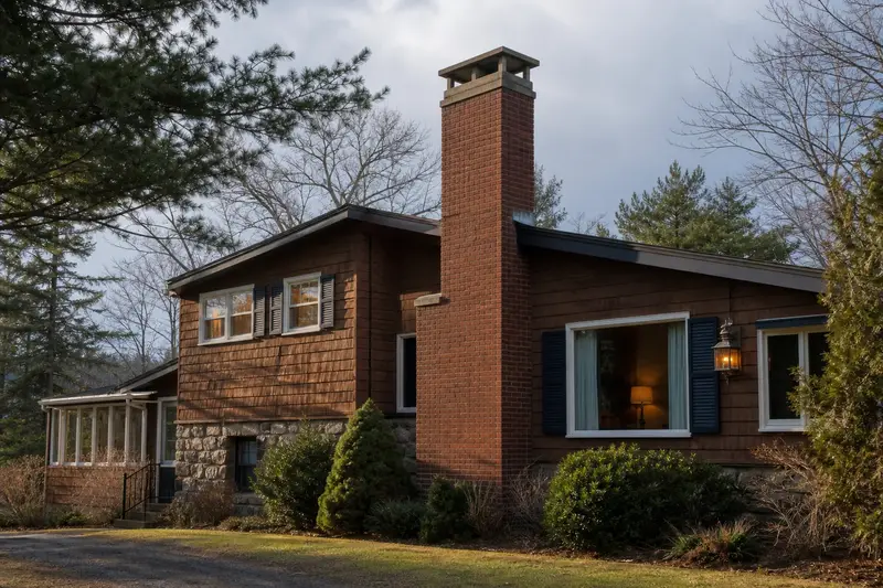 A 1960s cedar-sided contemporary house in soft daylight with a red brick chimney with a concrete crown standing clear above the roofline; illustrative image