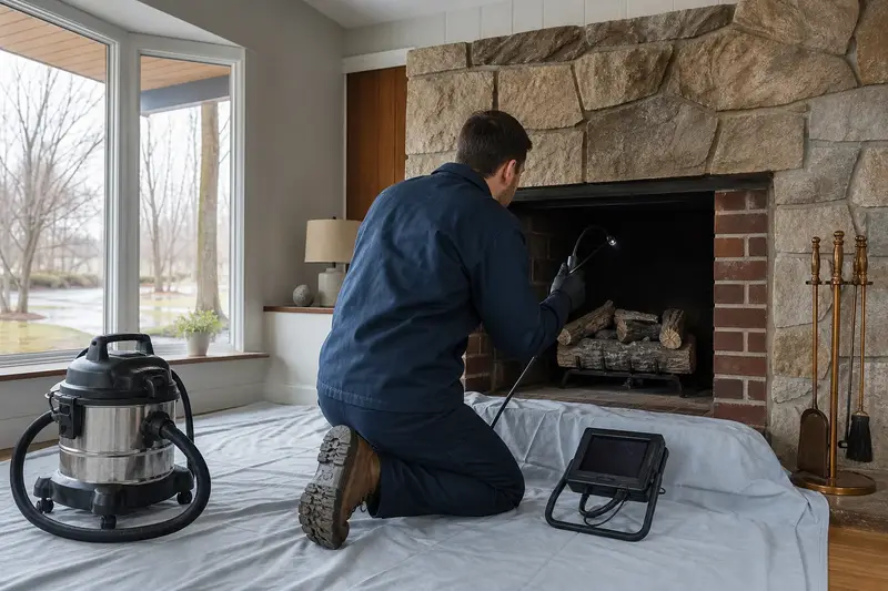 A technician guiding an inspection camera into the firebox of a vented gas log set in a masonry firebox, the fireplace cold and unlit; illustrative image