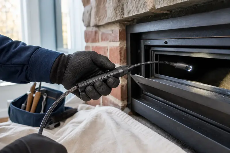 An inspection camera head on a flexible cable at the damper opening of a gas insert set in a brick opening; illustrative image