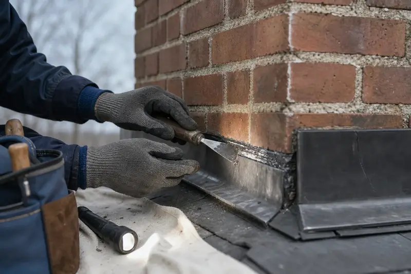 Gloved hands resealing the counter-flashing joint at the base of a brick chimney; illustrative image