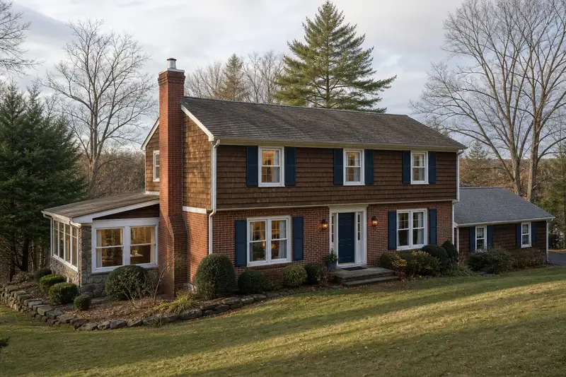 A 1960s two-story suburban house with a red brick chimney with a concrete crown fitted with a stainless steel liner cap; illustrative image