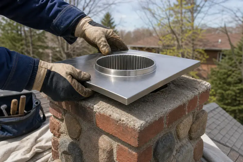 Gloved hands fitting a stainless steel liner top plate at a flue opening; illustrative image
