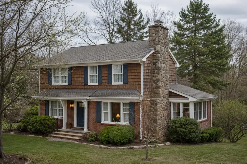 A 1960s two-story suburban house with a stone masonry chimney rising above the roof; illustrative image