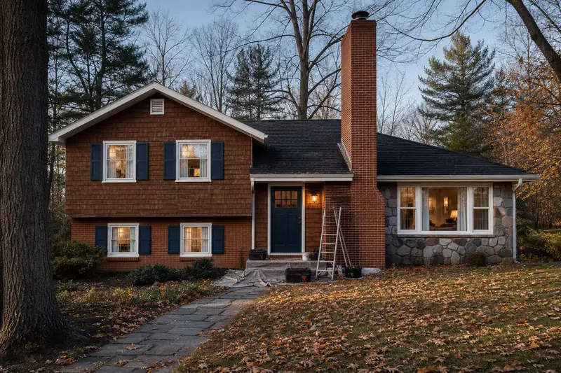 A 1960s split-level house with a tall brick chimney on a steep gable roof and neat mortar joints; illustrative image