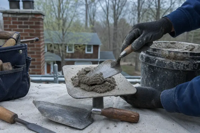 A mortar hawk, trowels and a bucket of mixed mortar set on a roof work platform; illustrative image