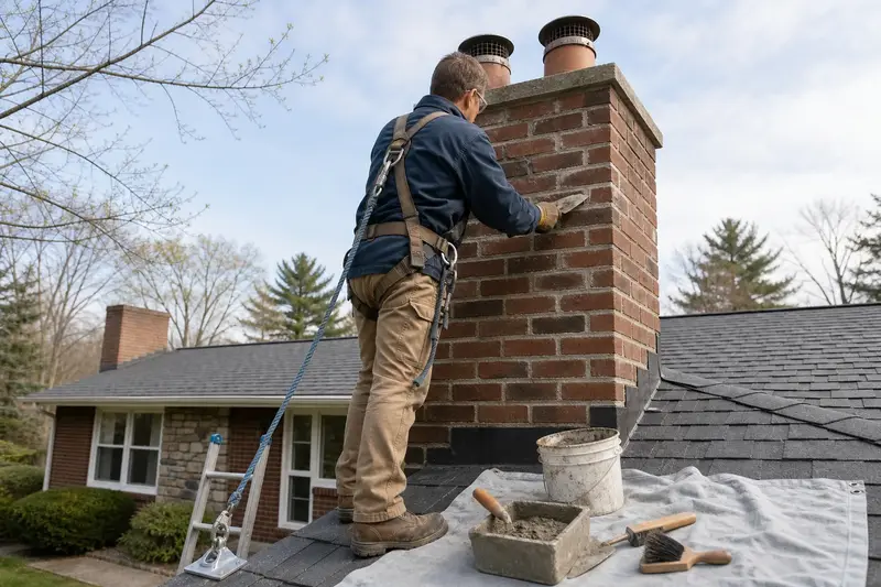 A harnessed mason repointing mortar joints on a two-flue brick chimney on a slate roof with a pointing trowel; illustrative image