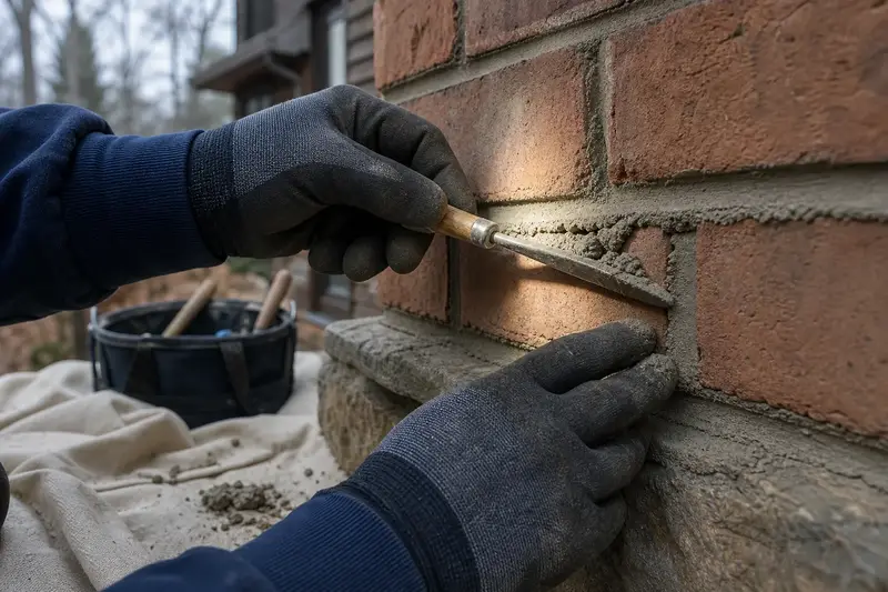 Gloved hands pressing fresh mortar into a raked joint with a tuckpointing trowel; illustrative image