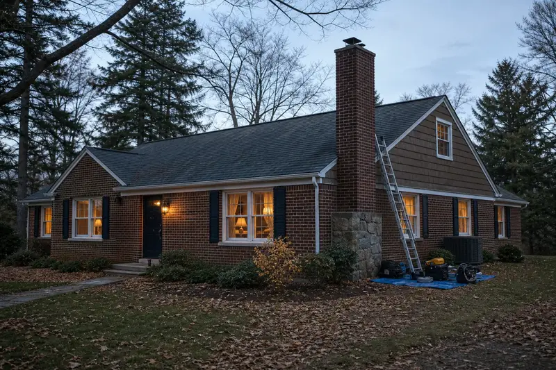 A 1960s brick-front ranch house with a tall brick chimney on a steep gable roof and warm lamp-lit windows; illustrative image