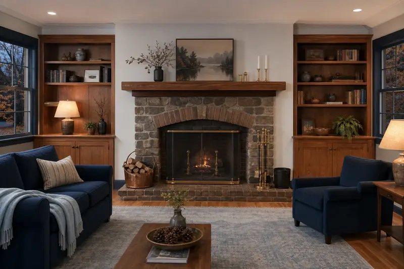 A restored hearth room with an open masonry wood-burning fireplace, a clean hearth and brass fireplace tools; illustrative image