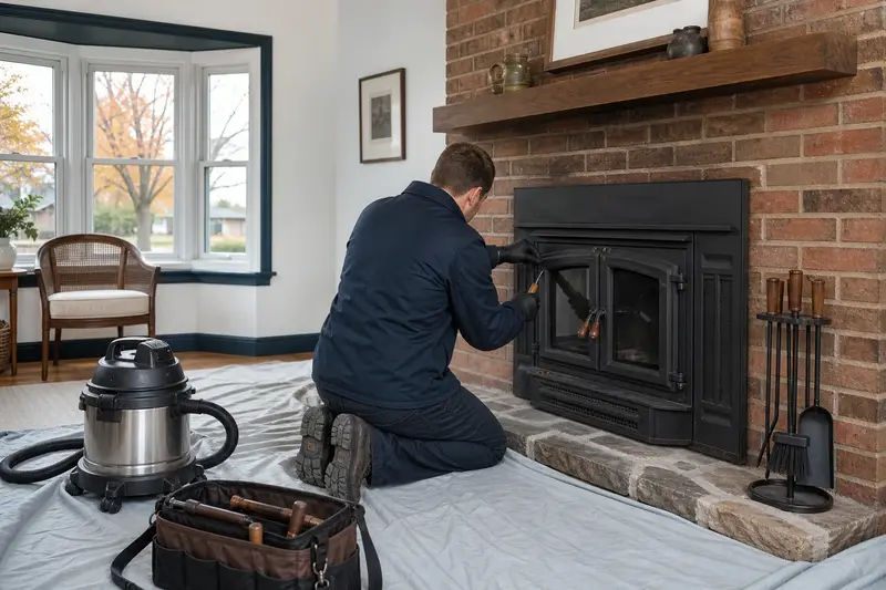 A technician adjusting the glass doors of a cast-iron wood stove on a stone hearth pad with a hand tool, the fireplace unlit; illustrative image