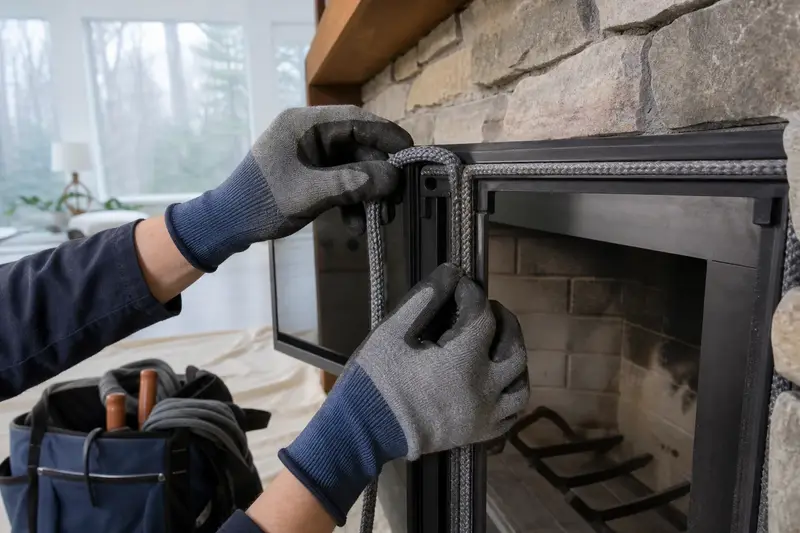 Gloved hands fitting new gasket rope along a fireplace door frame; illustrative image