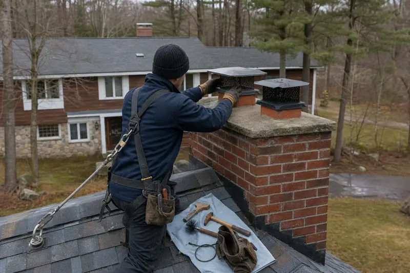 A harnessed technician checking the cap and crown of a two-flue brick chimney on a slate roof before the heating season; illustrative image