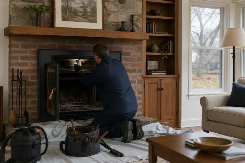 A technician checking the damper of a wood-burning insert in a brick opening with a flashlight, drop cloths on the hearth, the fireplace cold; illustrative image