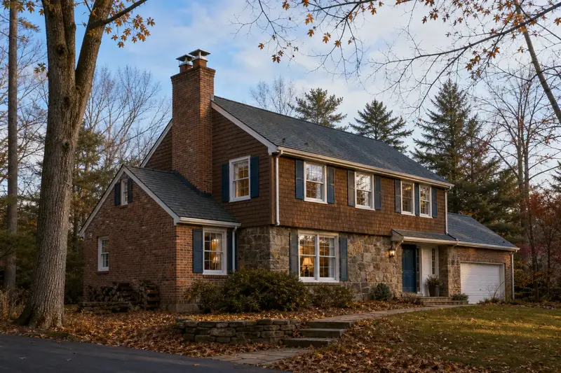 A 1970s two-story suburban house with a two-flue brick chimney on a slate roof topped by a new stainless steel cap; illustrative image
