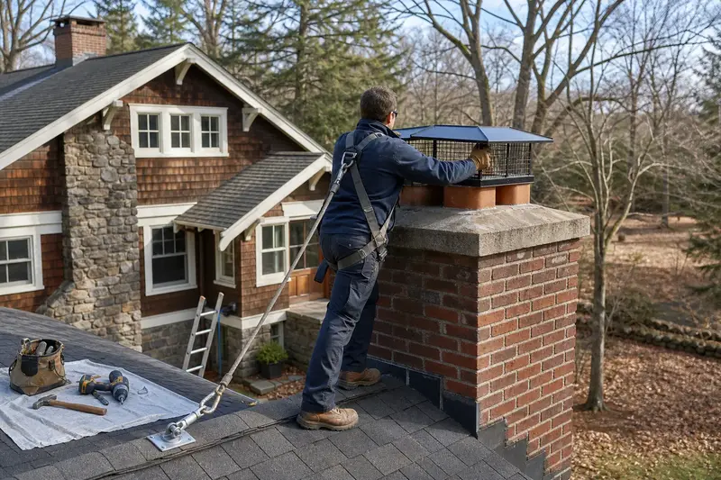 A harnessed technician fastening a multi-flue cap over the crown of a red brick chimney with a concrete crown; illustrative image