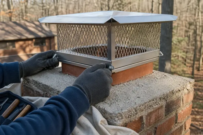A stainless steel mesh cap seated on a flue above a concrete crown, seen up close; illustrative image