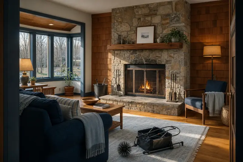 A living room with an open masonry wood-burning fireplace and a small fire behind a screen, no one present; illustrative image