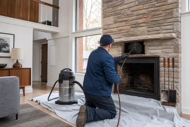 A technician feeding a rotary chimney brush up the flue of a factory-built wood-burning fireplace with a stone facing, drop cloths and a sealed vacuum on the hearth; illustrative image