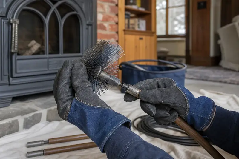 Gloved hands fitting a round wire brush onto a flexible rod at the hearth of a cast-iron wood stove on a stone hearth pad; illustrative image