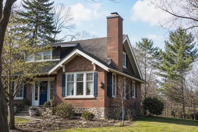 A 1920s brick bungalow in soft daylight with a tall brick chimney on a steep gable roof standing clear above the roofline; illustrative image