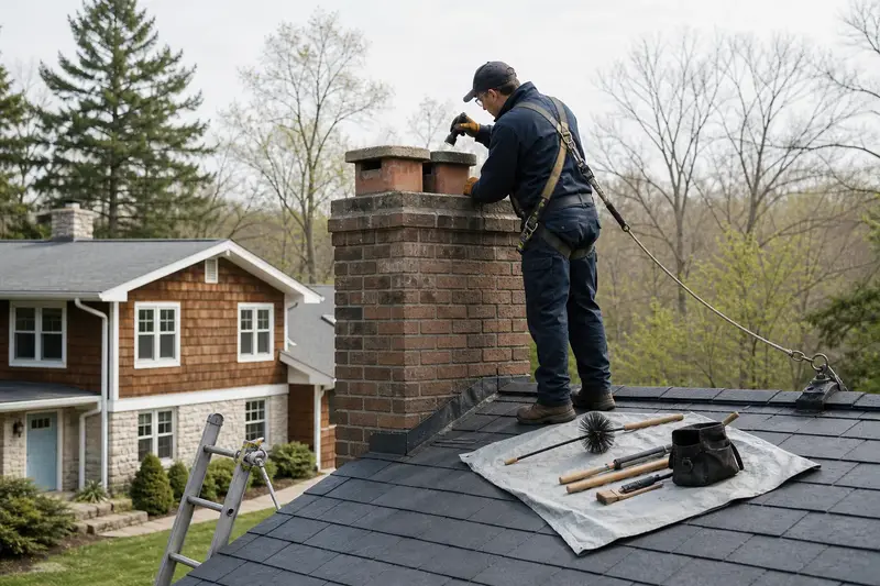 A harnessed technician examining the top of a two-flue brick chimney on a slate roof with a flashlight from a dry roof surface; illustrative image