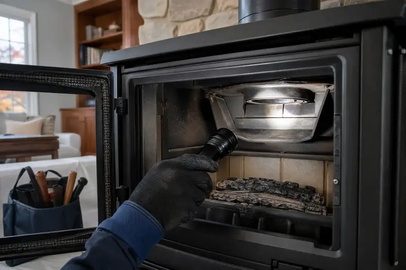 A flashlight beam across the smoke chamber and damper of a freestanding gas stove, a gloved hand holding the light; illustrative image
