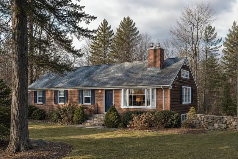 A 1970s brick-front ranch house with a two-flue brick chimney on a slate roof fitted with a stainless steel liner cap; illustrative image