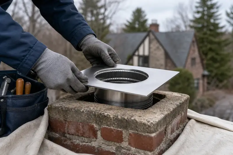 Gloved hands fitting a stainless steel liner top plate at a flue opening; illustrative image