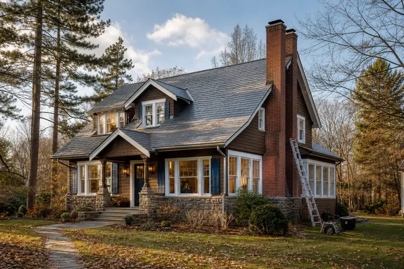 A 1950s Craftsman house with a two-flue brick chimney on a slate roof and neat, even mortar joints; illustrative image