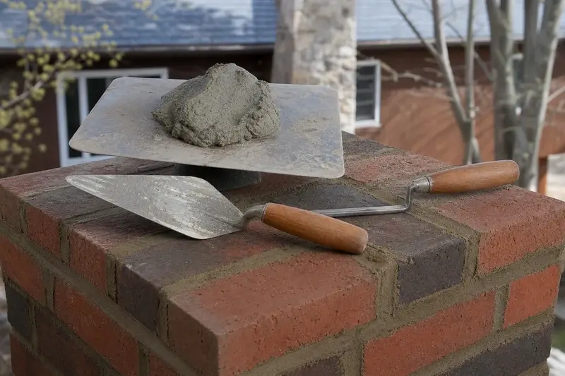 A mortar hawk, pointing trowel and jointer resting on sound brick at a chimney shoulder; illustrative image