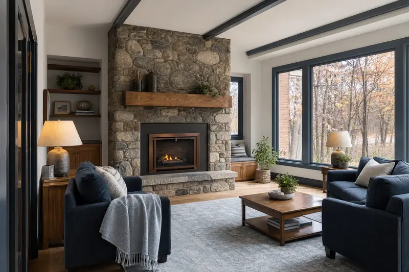 A remodeled living room with a gas insert set in a brick opening framed by a floor-to-ceiling stone surround; illustrative image
