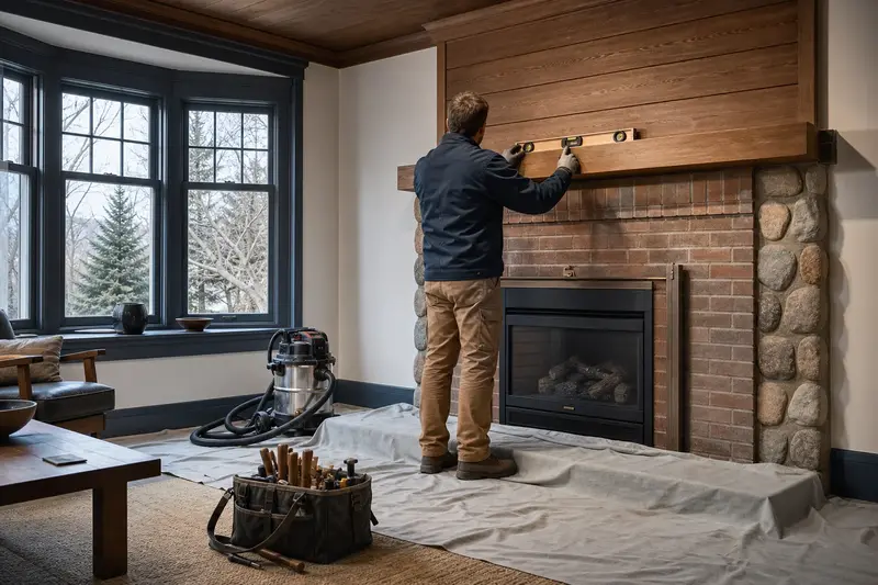 An installer leveling a new wood mantel above a direct-vent gas fireplace; illustrative image
