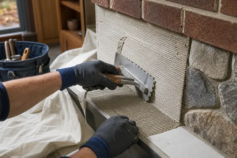 Gloved hands spreading thinset on a fireplace surround before a tile is set; illustrative image