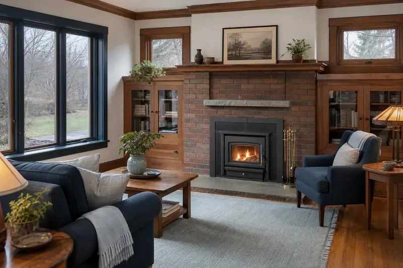 A restored hearth room with a wood-burning insert in a brick opening, a clean hearth and brass fireplace tools; illustrative image