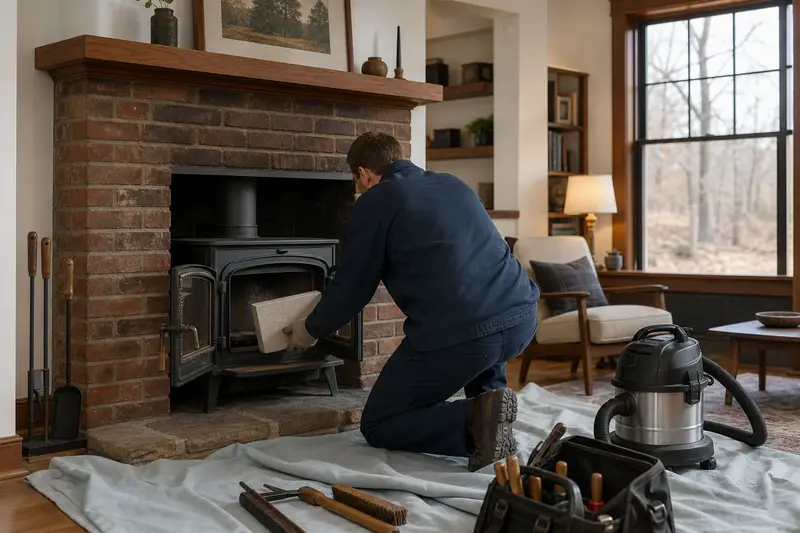 A technician fitting a refractory panel into the firebox of a cast-iron wood stove on a stone hearth pad, the fireplace cold and unlit; illustrative image