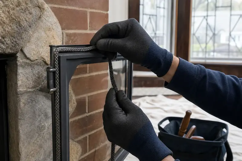 Gloved hands fitting new gasket rope along a fireplace door frame; illustrative image