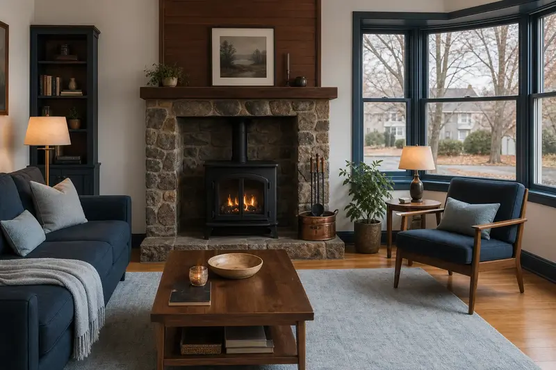 A warm living room with a freestanding gas stove glowing softly behind its glass, no one present; illustrative image