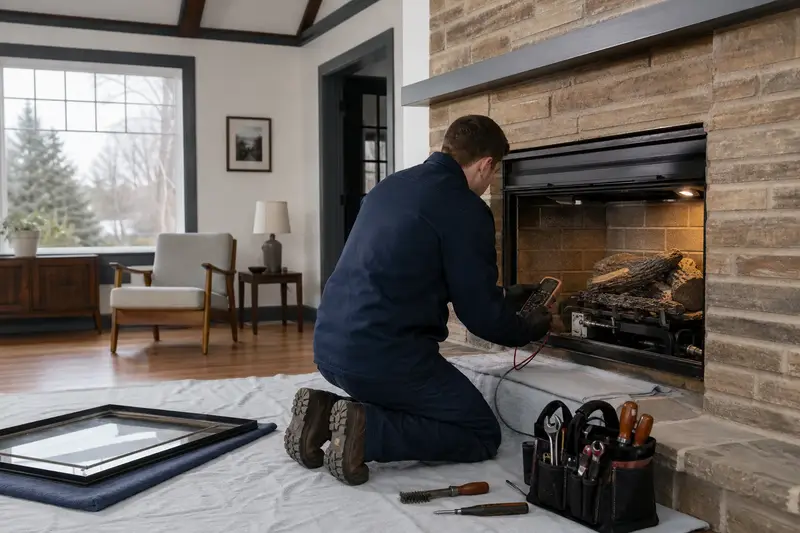 A technician kneeling at a vented gas log set in a masonry firebox with the glass front removed, testing the controls with a multimeter; illustrative image