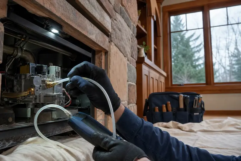 Gloved hands holding a manometer probe at the gas valve beneath a direct-vent gas fireplace; illustrative image